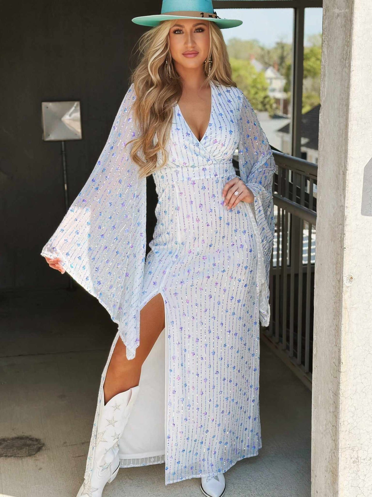 White sequin maxi dress with bell sleeves