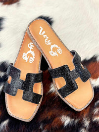 Thumbnail for Black rhinestone slide sandals