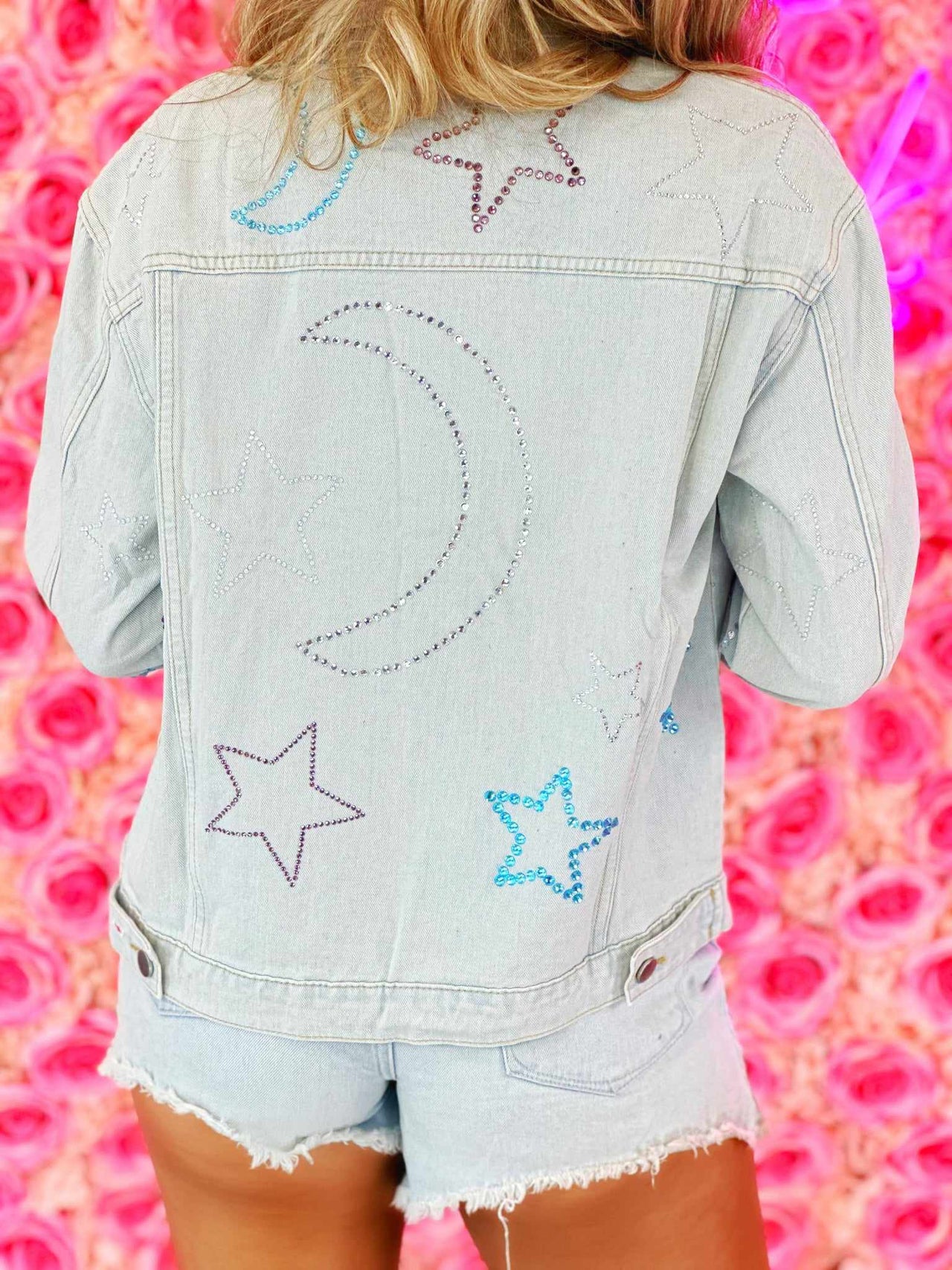 denim jacket with rhinestone crescent moon and stars