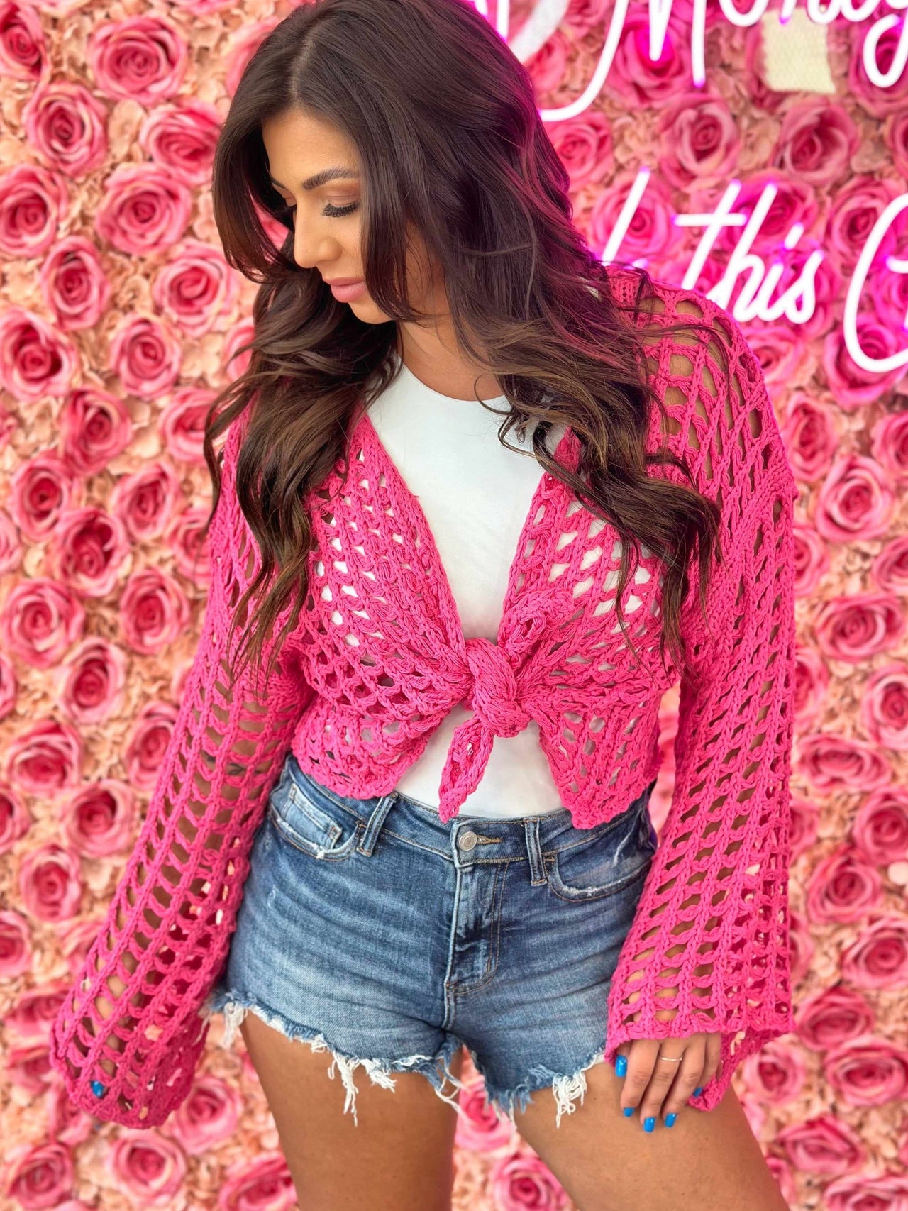 Hooked On You Cropped Sweater Cardigan - Pink
