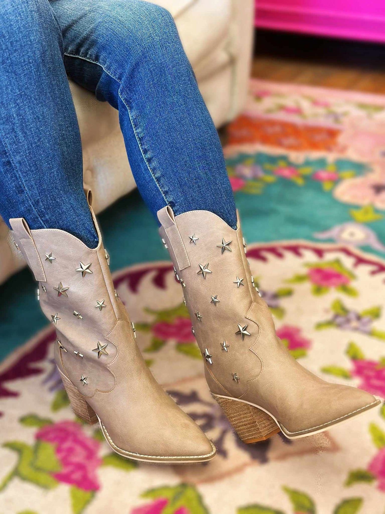 Taupe chunky heel western boots with stars