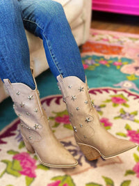 Thumbnail for Taupe chunky heel western boots with stars