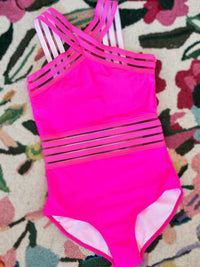 Thumbnail for Pink one piece swimsuit with sheer striped waist and straps.