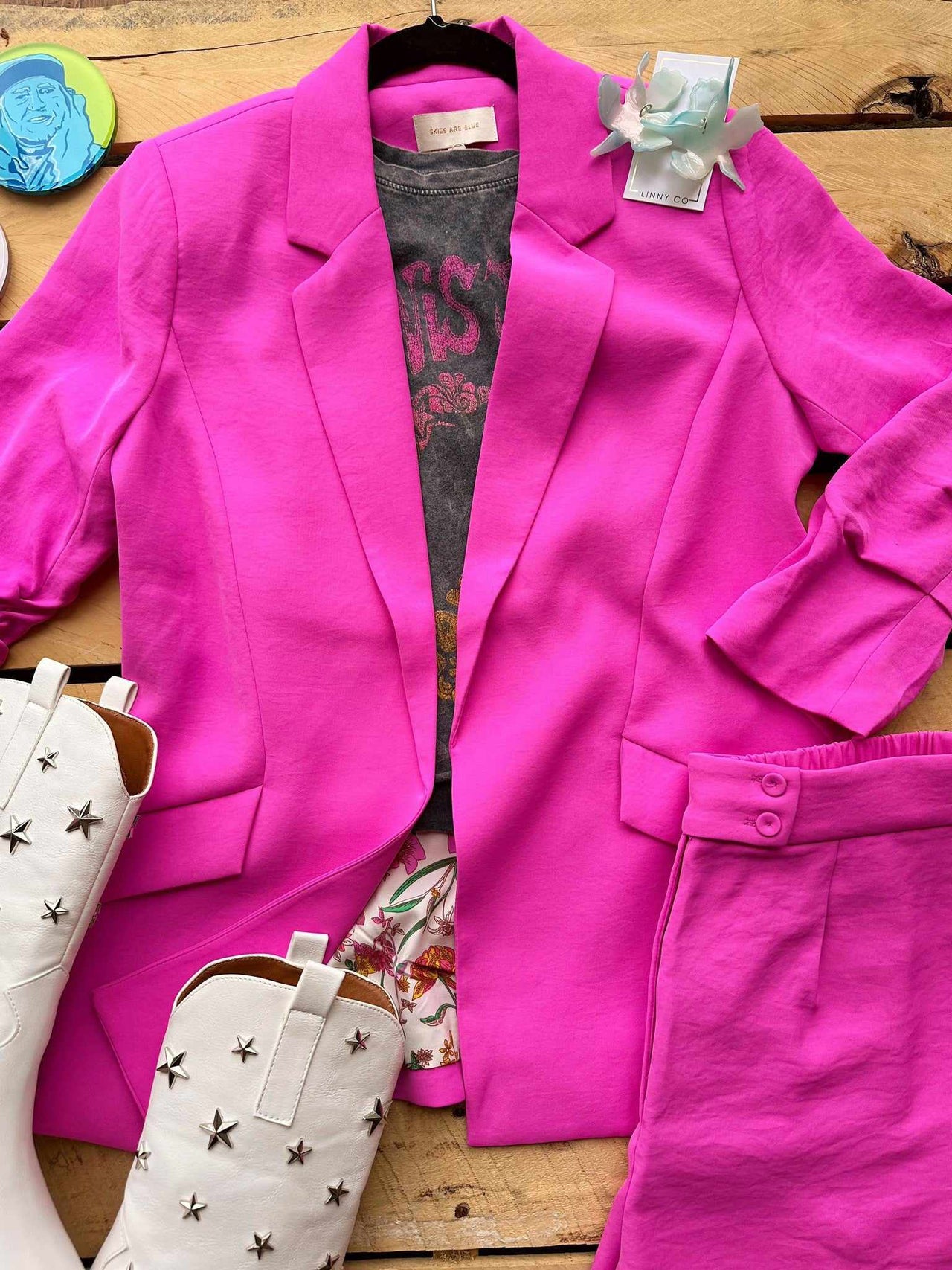Pink shirred sleeve blazer made from recycled material