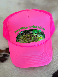 Thumbnail for Save Water Drink Margs Sequin Lime Trucker Hat - Pink