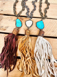 Thumbnail for Make A Statement Ivory Stone Tassel Necklace - Tan