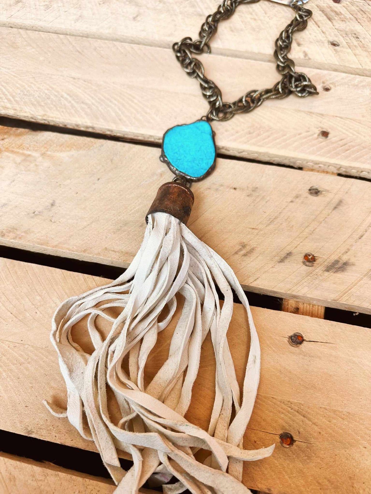 Make A Statement Turquoise Stone Tassel Necklace - Cream