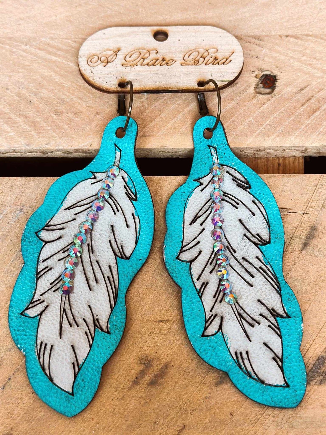 Turquoise Leather Feather Bling Earrings