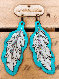 Thumbnail for Turquoise Leather Feather Bling Earrings