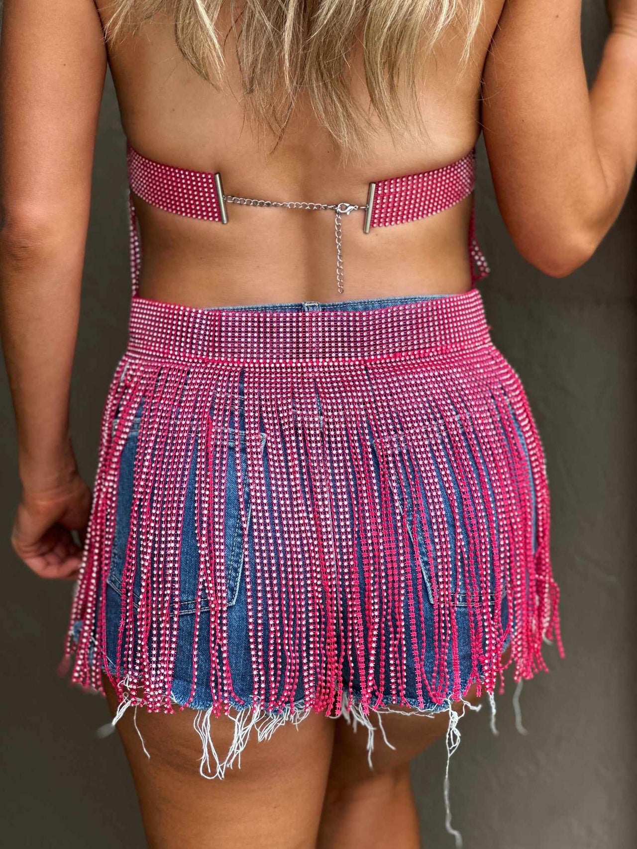 Rippin Rhinestones Fringe Skirt - Pink