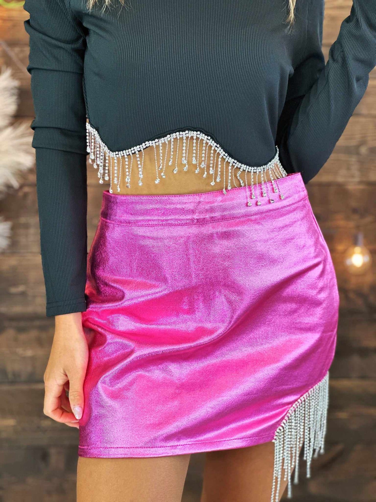 Metallic pink mini skirt with rhinestone side fringe