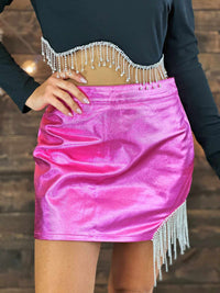 Thumbnail for Metallic pink mini skirt with rhinestone fringe