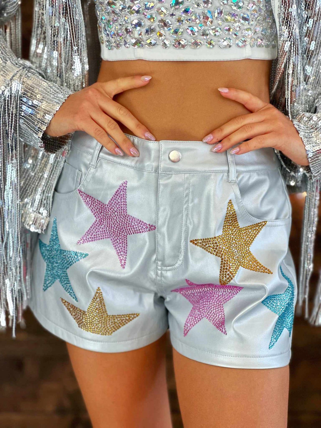 Silver Faux leather shorts with stars