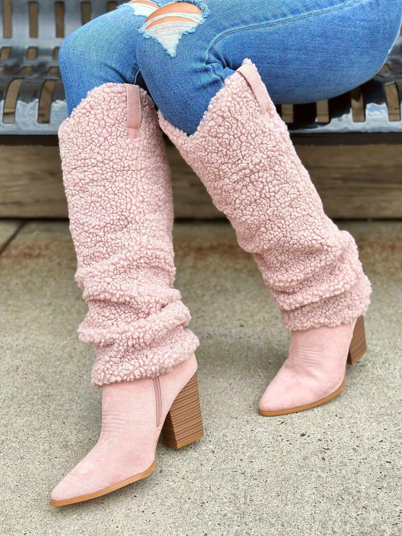 Sherpa sweater knee high boots in blush