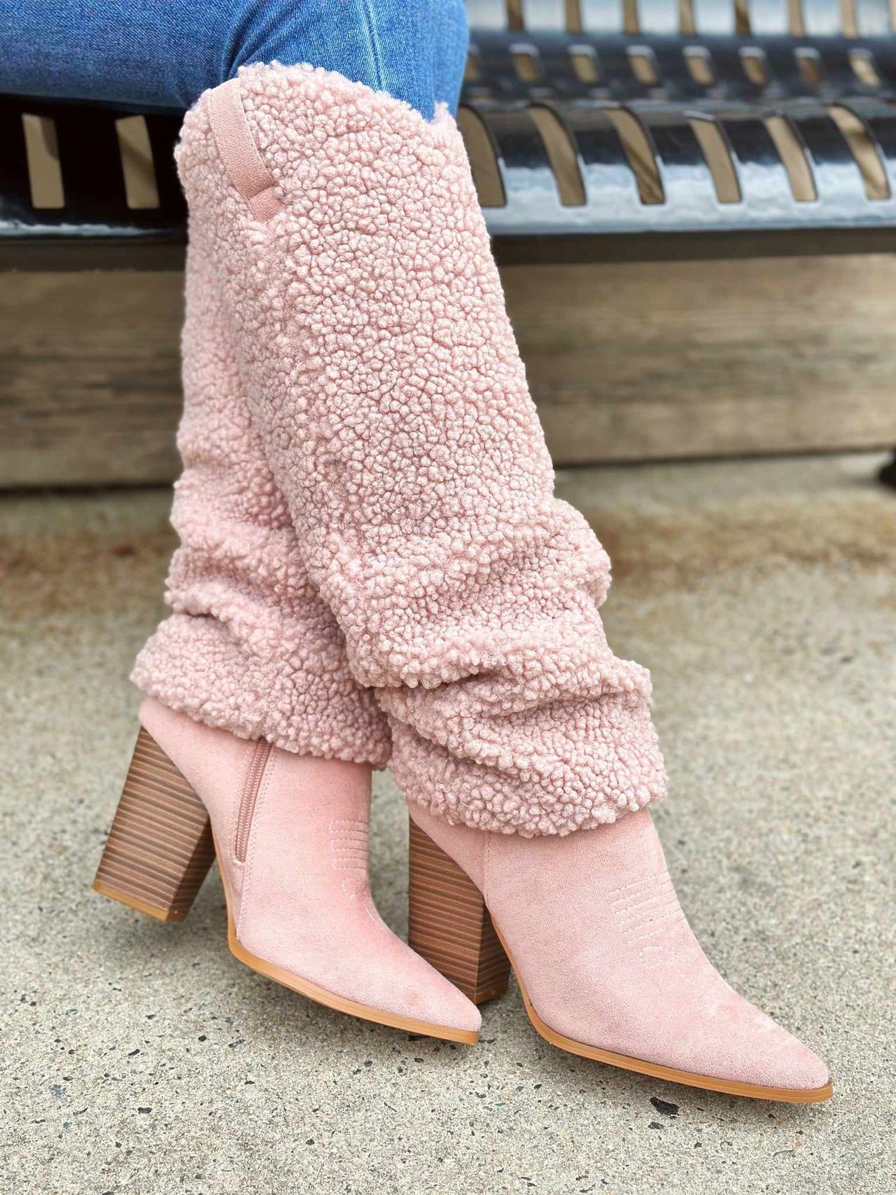 knee high sherpa sweater boots pink