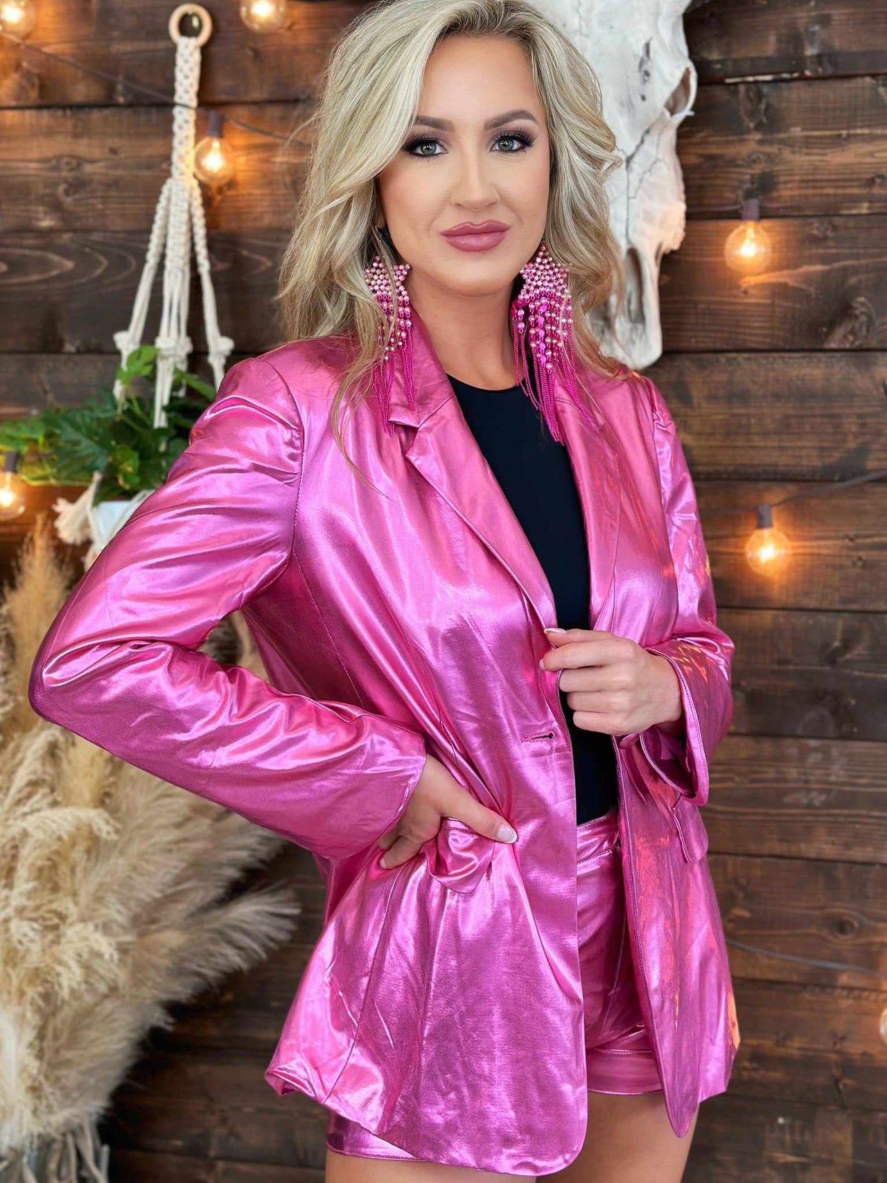 Pink metallic blazer with matching shorts