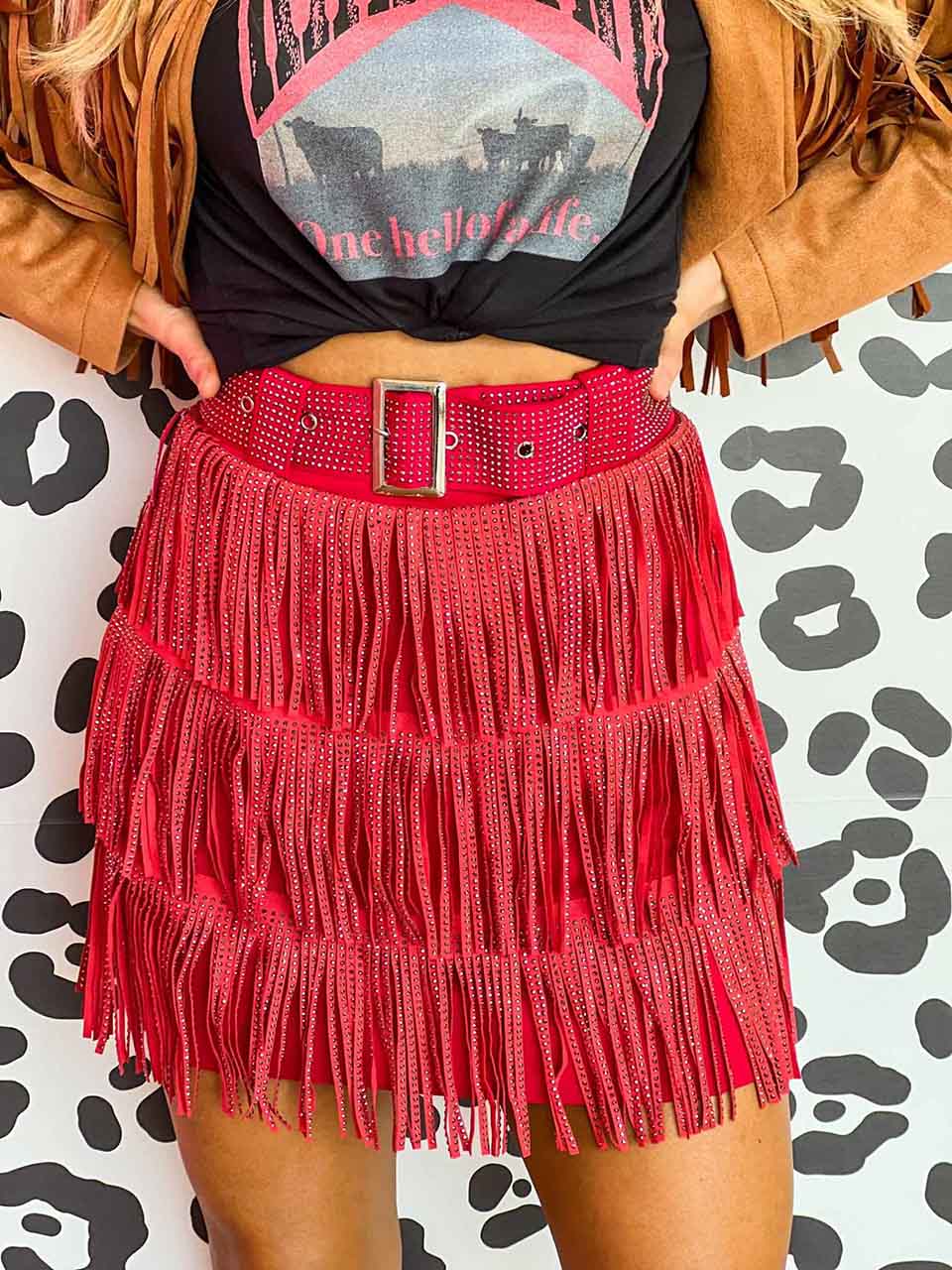Red fringe mini skirt with built in shorts.