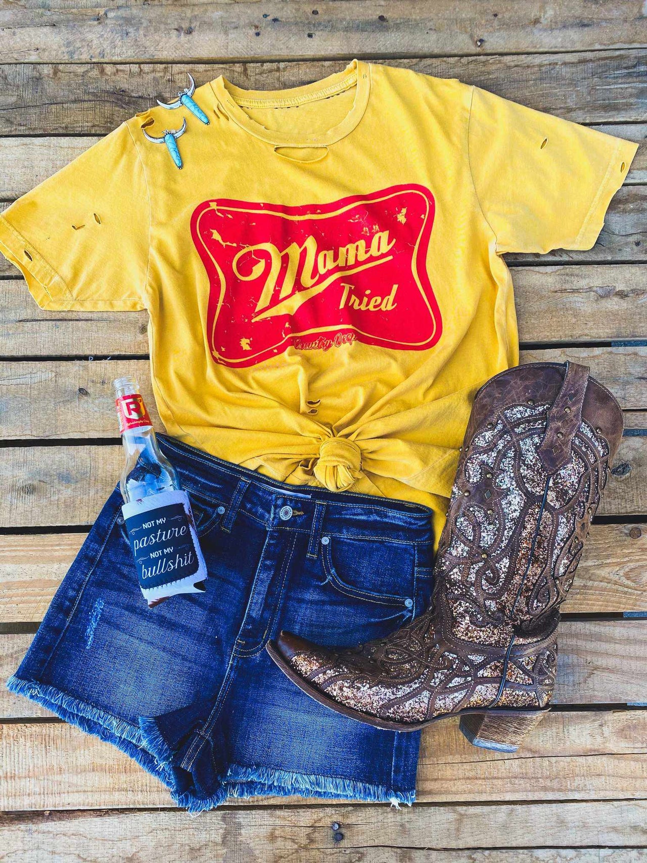 Mama Tried Distressed Tee - Mustard-T Shirts-Southern Fried Chics