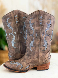 Thumbnail for Brown leather western cowgirl boots
