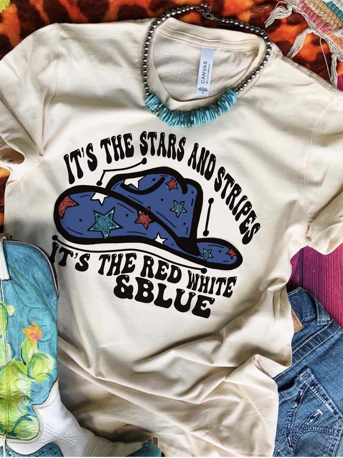 Stars and Stripes t-shirt with cowboy hat.