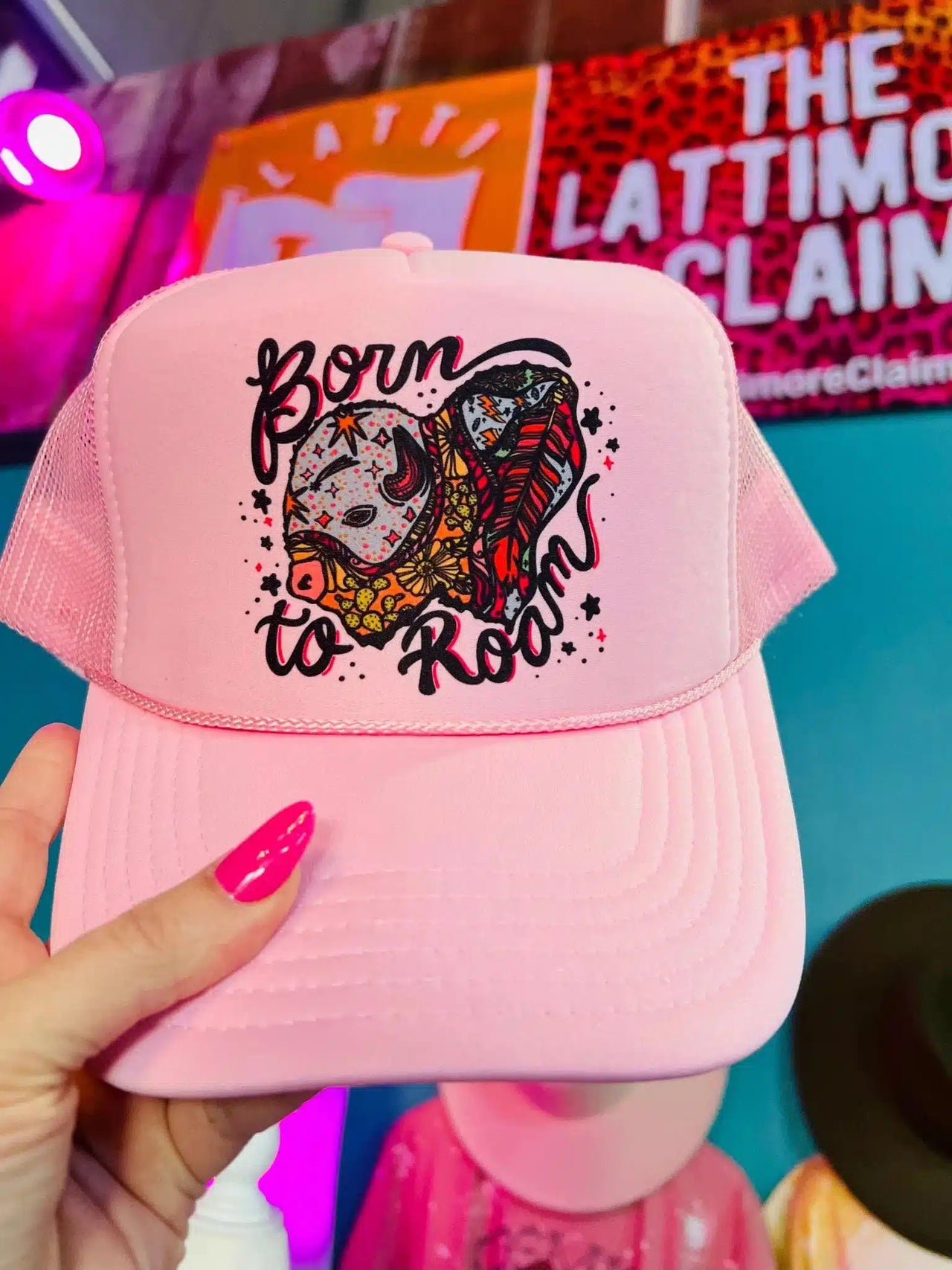 "born to roam" western trucker hat in pink