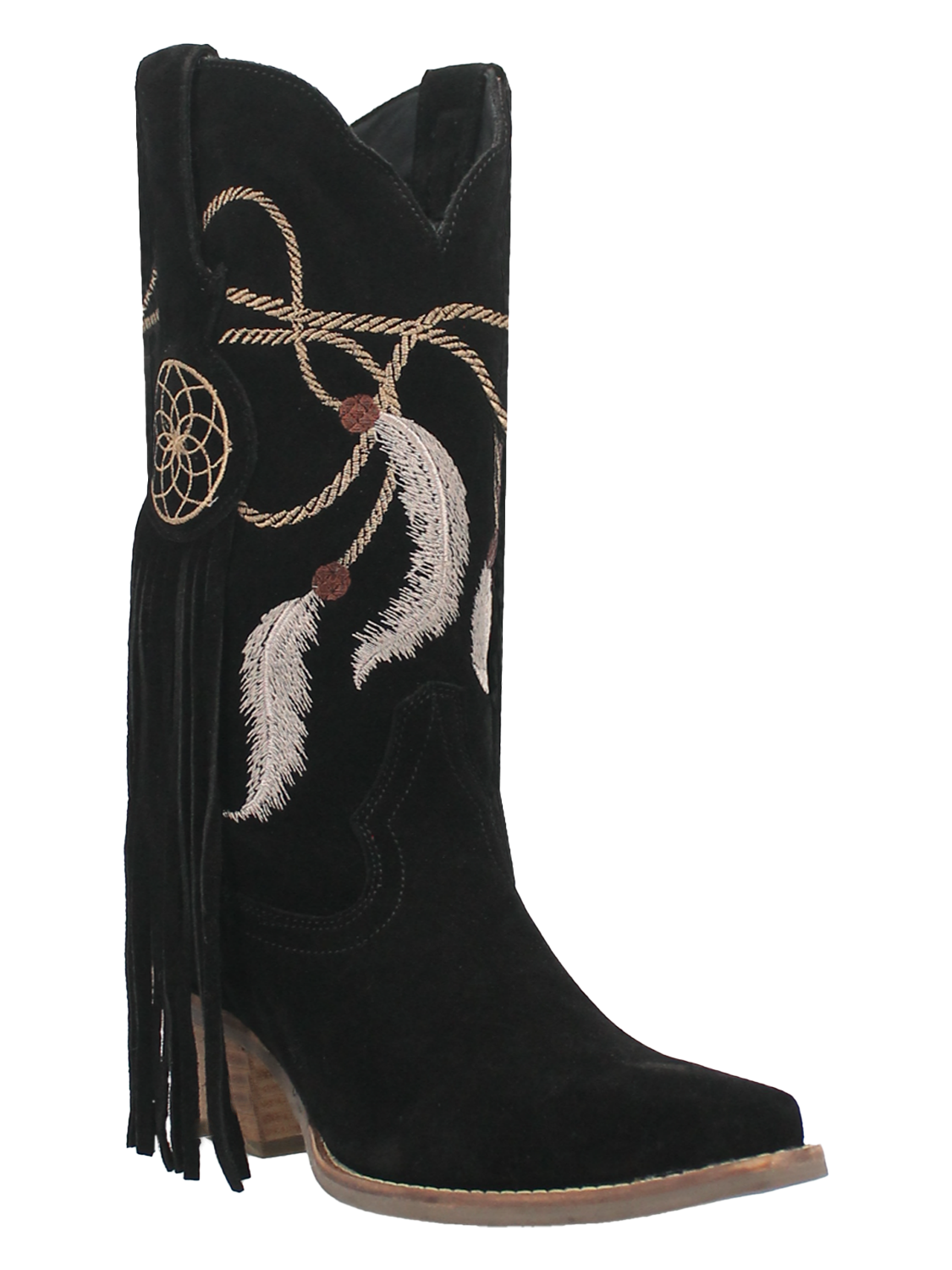 Feather embroidered black sued western boots.