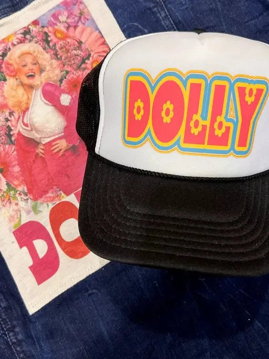 Retro Dolly Flower Trucker Hat - White and Black