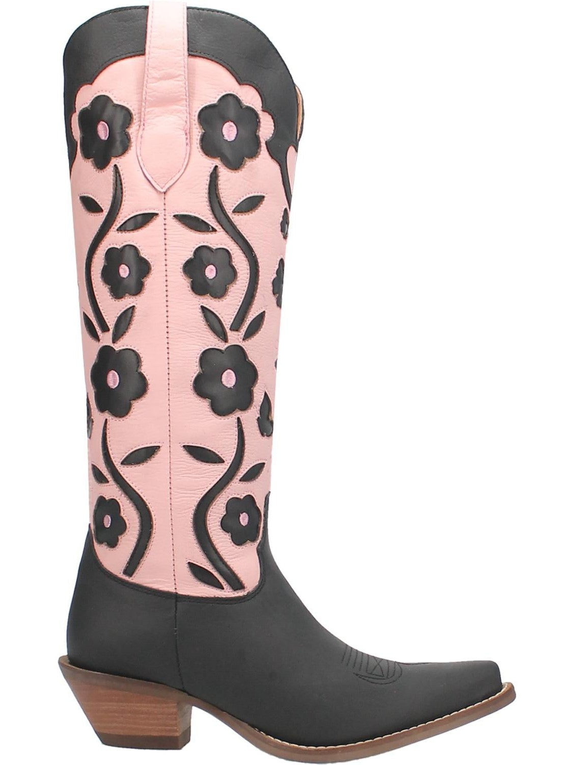Floral cutout cowgirl boots in pink and black