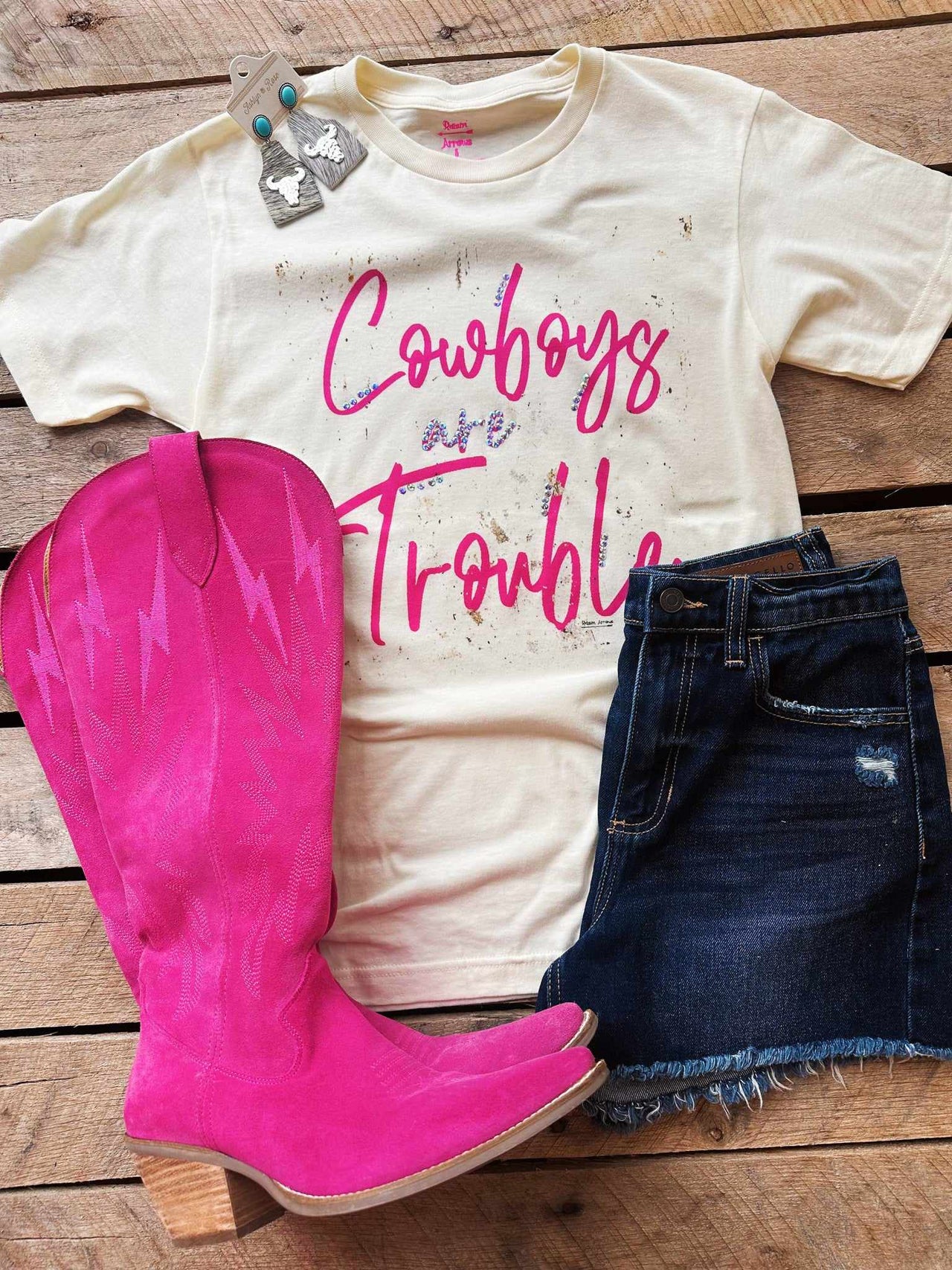 Cowboys Are Trouble Bling T shirt - Pink