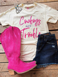Thumbnail for Cowboys Are Trouble Bling T shirt - Pink