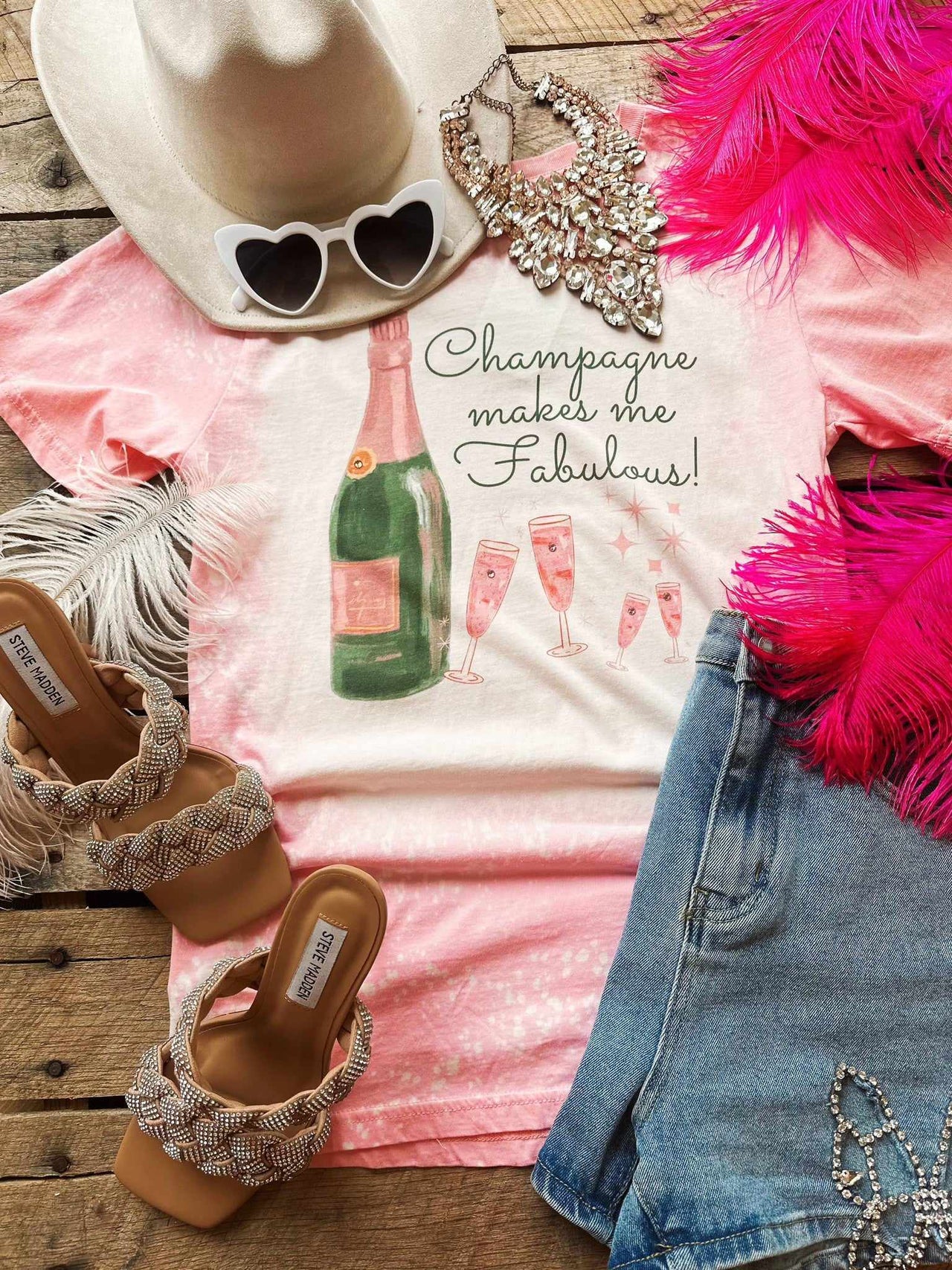 Champagne Makes Me Fabulous Bleached T shirt - Light Pink