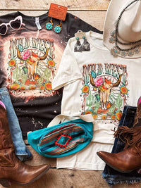 Thumbnail for Wild West Floral Skull T shirt - Natural