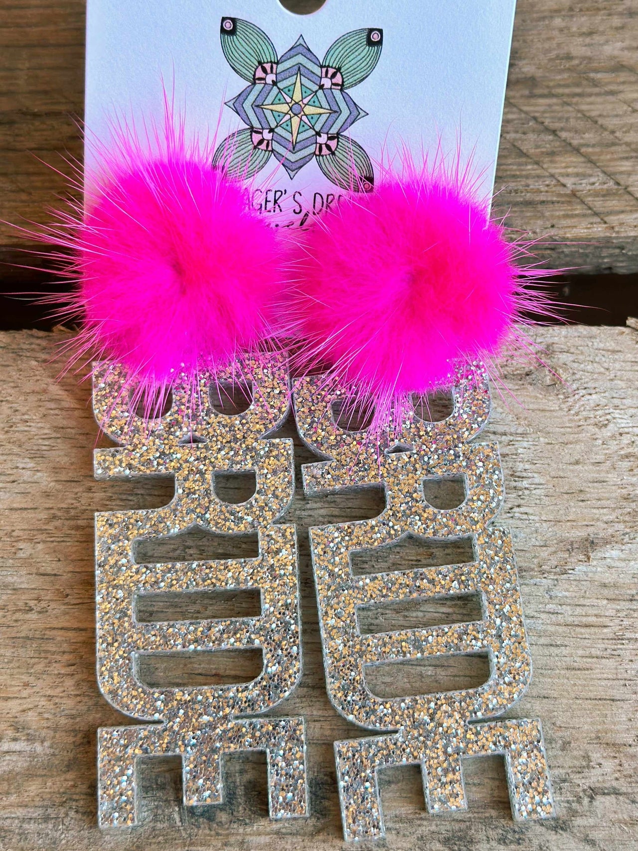 Here Comes The Bride Earrings - Silver Glitter With Hot Pink Pom