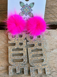 Thumbnail for Here Comes The Bride Earrings - Silver Glitter With Hot Pink Pom