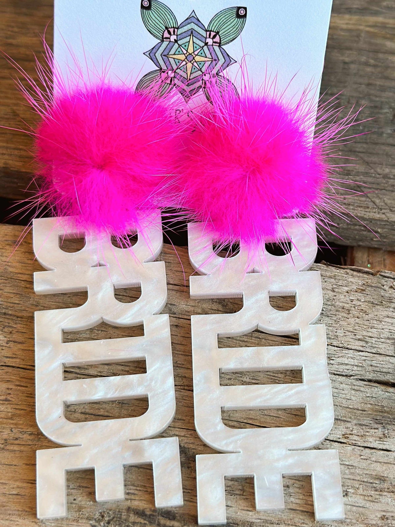 Here Comes The Bride Earrings - White Marble With Hot Pink Pom