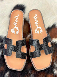 Thumbnail for Sparkly black open toe slide sandals