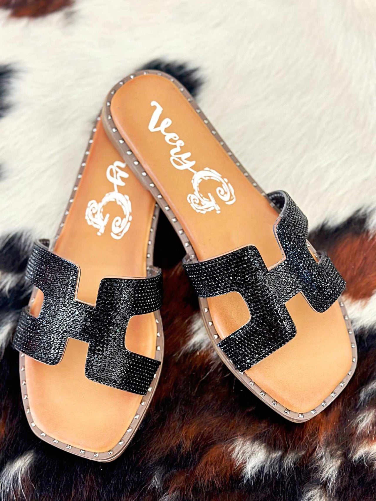 Black rhinestone slide sandals