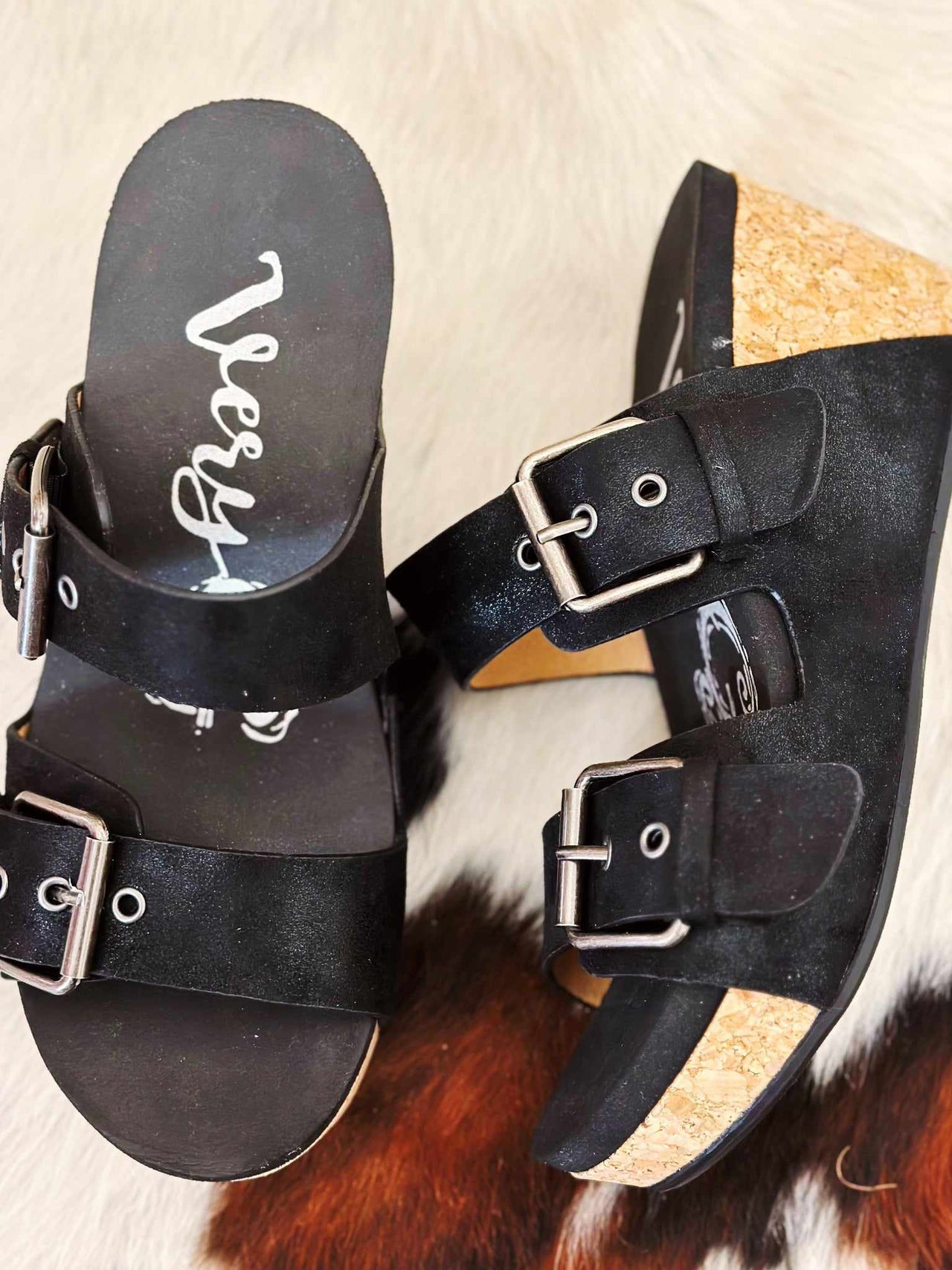 Black double buckle strap wedge sandals