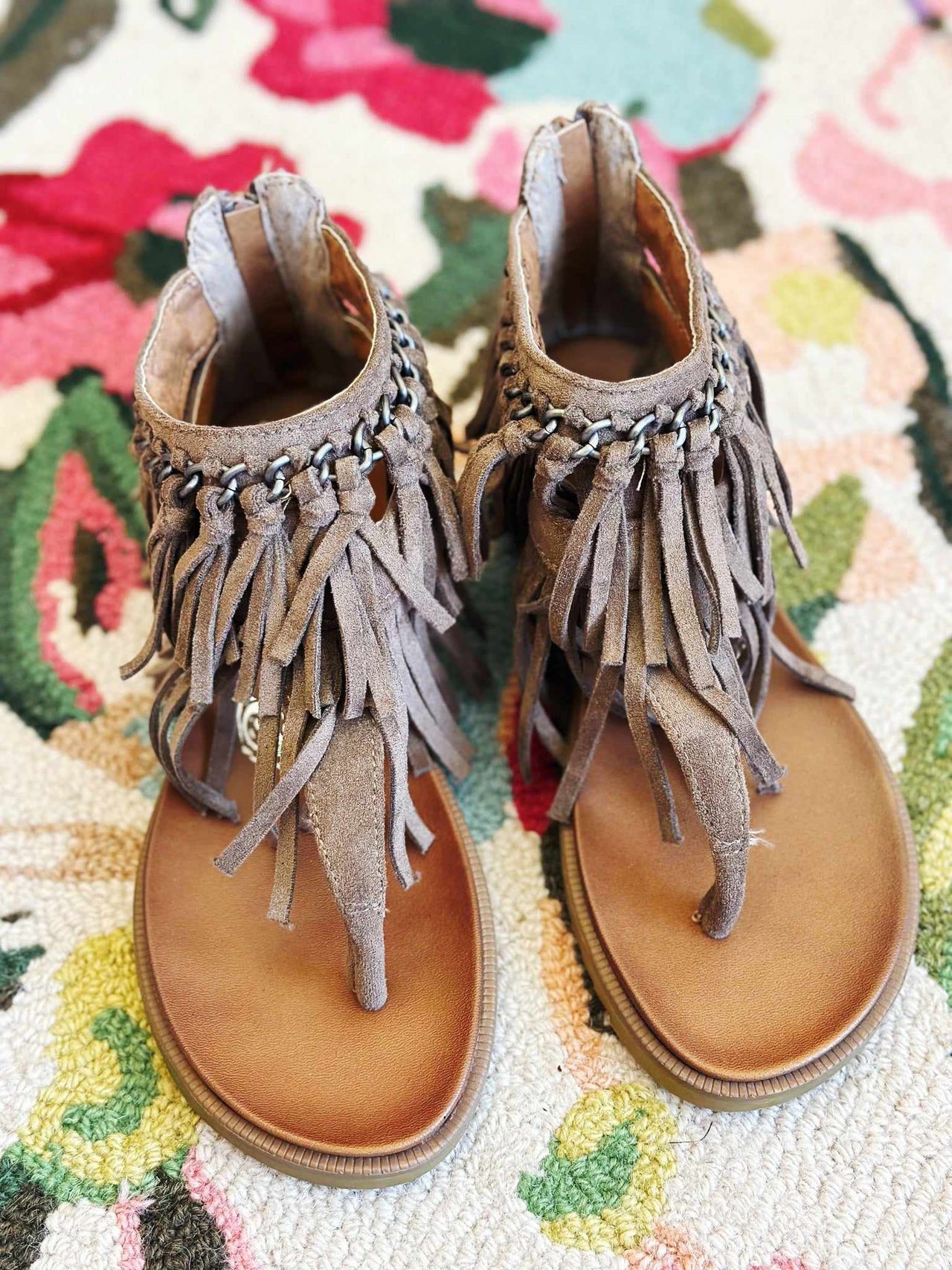 brown ankle fringe thong sandals