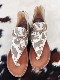 Thumbnail for Taupe cow print thong sandal with zipper back.