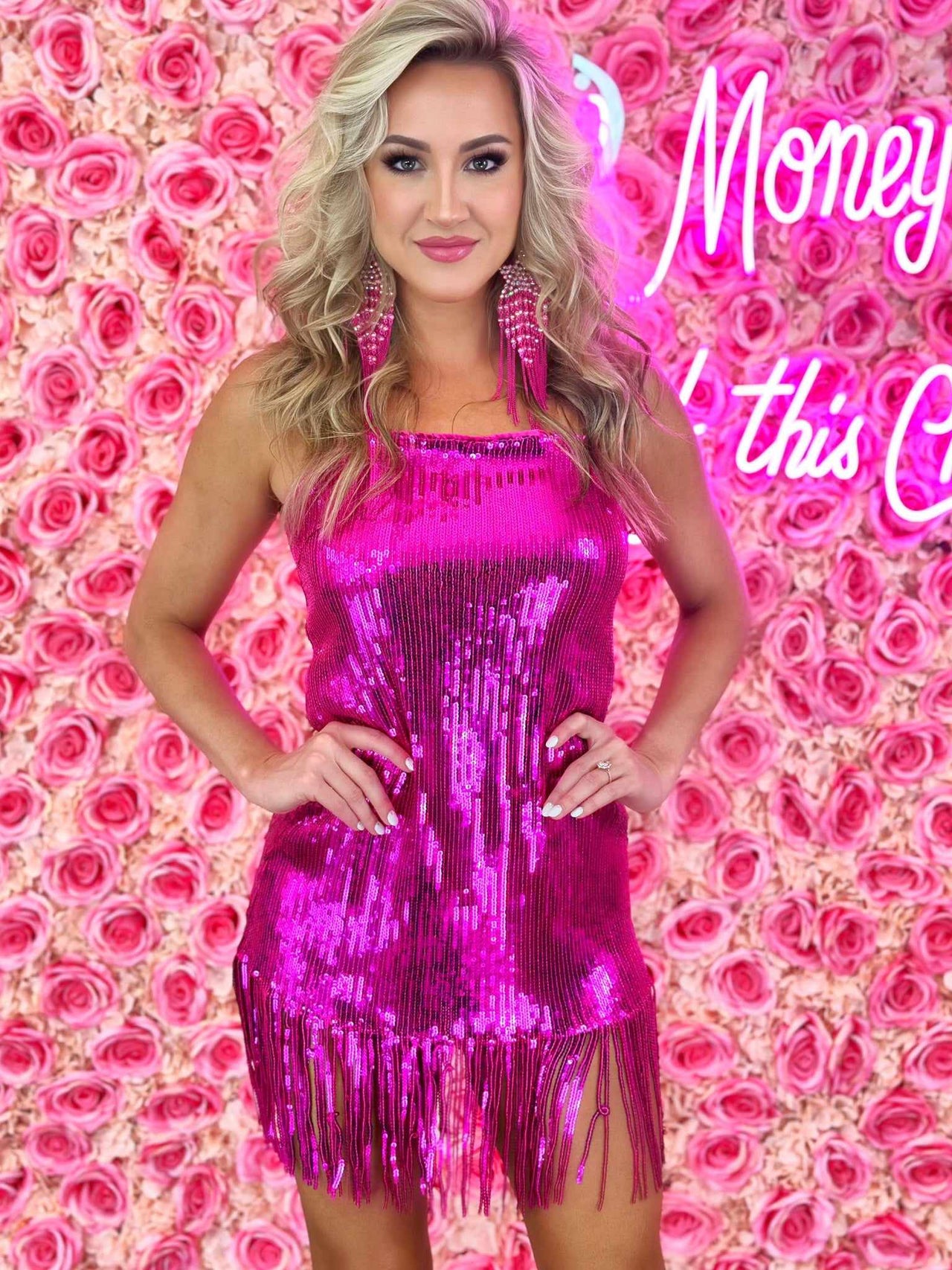 Barbie pink sequin mini dress with fringe hemline