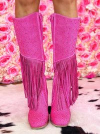 Thumbnail for Pink western boots with rhinestone studs and fringe