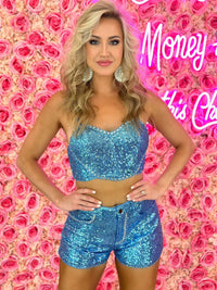 Thumbnail for Blue sequin crop top and shorts