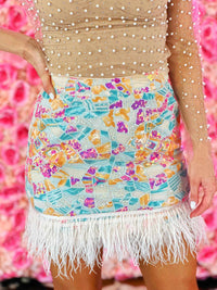 Thumbnail for Geometric pattern sequin mini skirt with feather hem