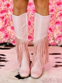 Thumbnail for Pale pink western boots with fringe and rhinestones