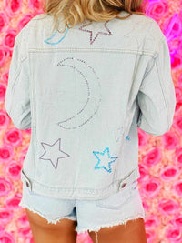 Thumbnail for denim jacket with rhinestone crescent moon and stars