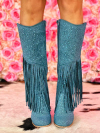 Thumbnail for Blue fringe boots with rhinestones studs