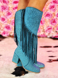 Thumbnail for Blue western boots with fringe and rhinestones