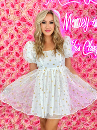 Thumbnail for White puffed sleeve mini dress with gold and silver stars