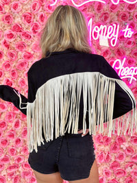 Thumbnail for Black suede jacket with white contrast fringe